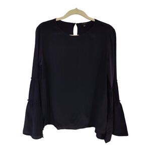 ANN TAYLOR LOFT women's Navy Blue Long Bell Sleeve Silk Blouse Top Size Small